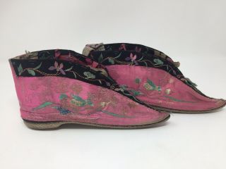 Rare Antique Chinese Lotus Bound Feet Embroidered Shoes/Slippers Pink Some Laces 3