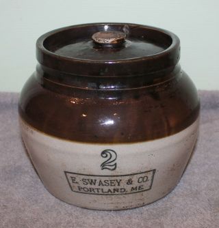 Antique E.  Swasey & Co.  Portland Me 2 Stoneware Bean Pot W/lid