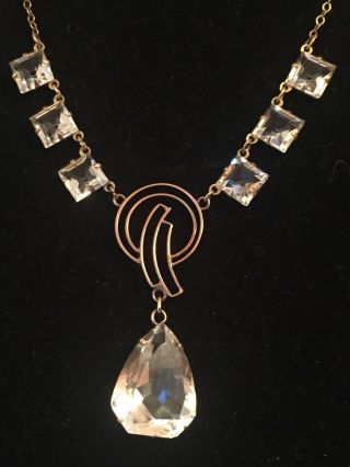 Exquisite Rare Art Deco 9ct Yellow Gold Natural Rock Crystal Lavalier Necklace