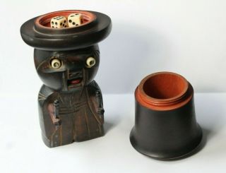 Antique Meigi Era Japanese Kobe Carved Wood Mechanical Man W/ Top Hat & Dice Toy