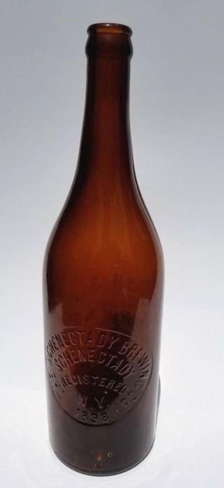 Antique 1898 Schenectady Brewing Co Amber Bottle Embossed 30 Oz Very Rare