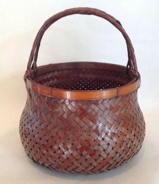 Vintage Japanese Ikebana Basket Smoked Bamboo Tight Herringbone Weave W/ Handle