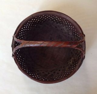 Vintage Japanese Ikebana Basket Smoked Bamboo Tight Herringbone Weave w/ Handle 3