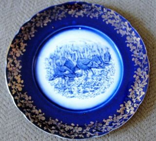 Antique Flow Blue Turkey 9.  25 " Plate With Gold Floral Design Estate Find Rare 8