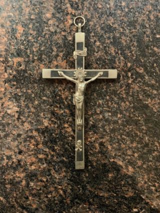 Antique German Crucifix Skull & Crossbones Catholic Metal Inlaid Wood 6.  5”