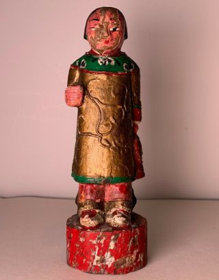 Antique 19thc Chinese Standing Lady Polychrome Hand Carved Wooden Figure Qing