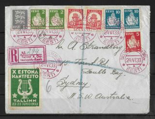 Estonia 1933 Registered Cover To Sydney Australia Vf & Rare