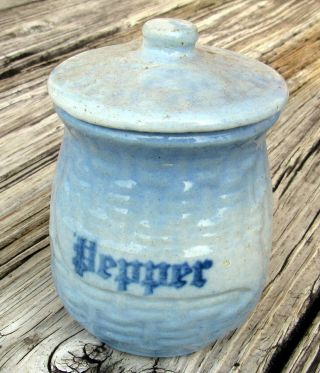 Blue And White Salt Glaze Basketweave Pepper Canister W/lid