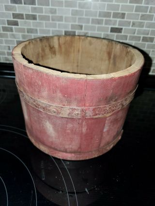 Antique 2 Qt Wooden Bucket With Red Paint