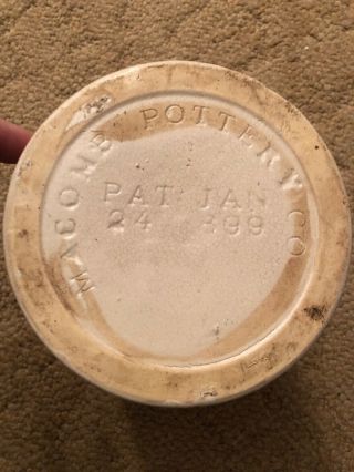 Antique Macomb Pottery Co.  Jar Pat.  Jan 24,  1899 W/lid Dark Brown/Sand Color. 3