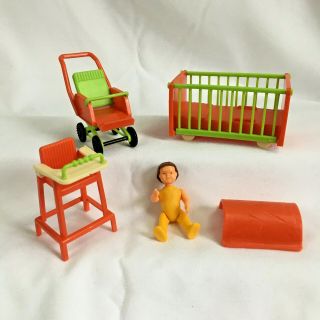 Vintage Bruder Germany Plastic Miniature Dollhouse Nursery Furniture W Baby 1