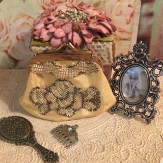 Antique Doll Purse With Mini Hand Held Mirror,  Comb & Tiny Framed Photo.