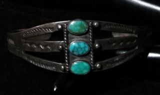 Vintage Navajo Fred Harvey Era Rare Sterling & 3 Turquoise Stone Cuff Bracelet