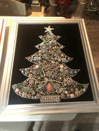 Vintage Costume Jewelry Art Collage “christmas Tree” In Wood Frame