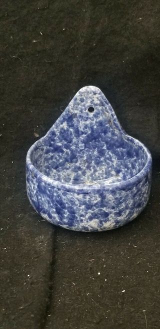 Antique Spongeware Blue And White Pottery Hanging Soap Dish Holder