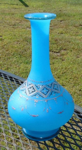 Antique Victorian Glass Blue Frosted Vase Enamel Decoration
