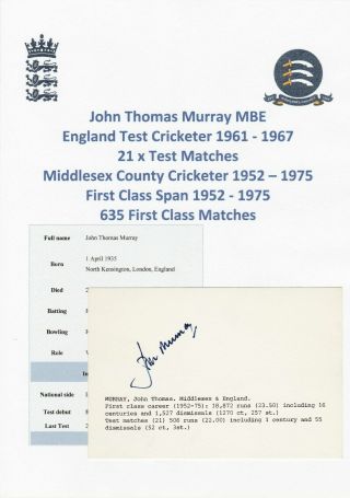 John Murray England Test Cricketer 1961 - 1967 Rare Autograph Card