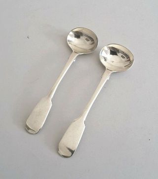 Pair Antique Solid Silver Fiddle Pattern Salt Spoons.  T.  W.  Lon.  1848.