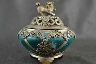 Exquisite Chinese Old Tibetan Silver Carving Kylin Inlay Jade Incense Burner