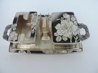 Signed Japanese Silver Metal Art Deco Tobacco Cigarette Ashtray Match Box Tray