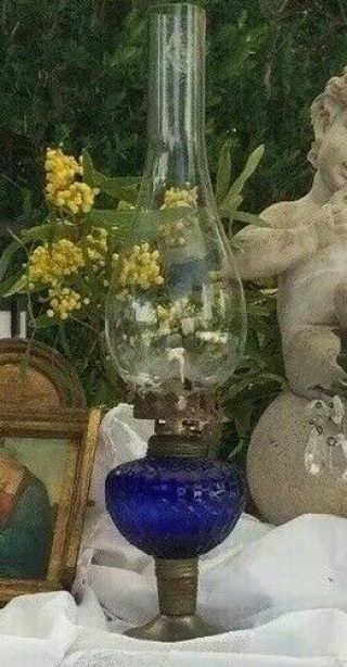 Vintage Oil Lamp With Blue Glass Base & Chimney French