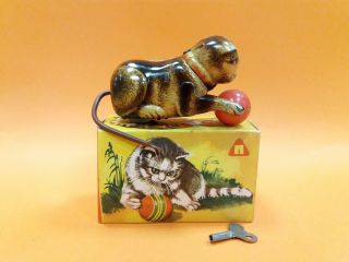 Vintage Old Rare Wind - Up Roll Over Tin Toy Cat,  Box