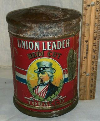 Antique Union Leader Tobacco Tin Litho Can Uncle Sam Patriotic Country Store Old