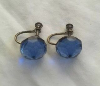 Antique Vtg Czech Blue Crystal Glass Earrings