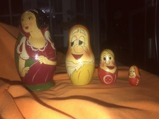 Vintage Russian Wood Carved Nesting Dolls Disney Snow White Signed By Artist