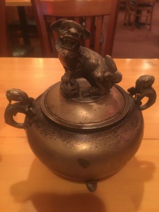 Vintage Chinese Bronze Incense Burner Censer With Foo Lion Cover
