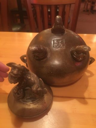 Vintage Chinese Bronze Incense Burner Censer With Foo Lion Cover 2