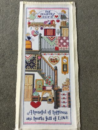 Vintage Stunning Hand Embroidered Cross Stitch Picture Country Home 11” X 24”