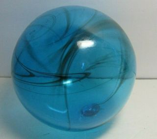 Antique Hand Blown Blue Glass Float W/plug 6 " Diameter W/dark Swirls In Glass