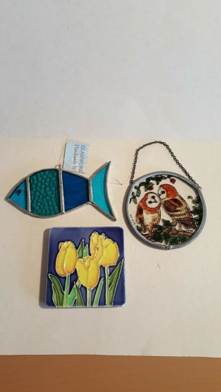Leaded Glass Items,  Barn Owls And Fish.  And One Small Enamelledtile With Tulips.