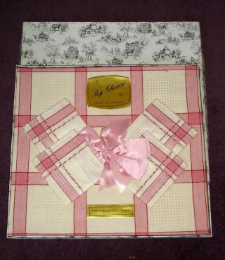 Vintage My Choice Pink Checked Irish Linen Tablecloth & 4 Napkins Boxed