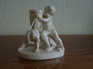 Rare C19th Royal Worcester Blanc De Chine Candle Holder Putti With Dog - Unmarked