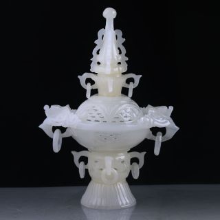 Old Chinese Afghanistan Jade Hand Carved Dragon Incense Burner&lid Rt