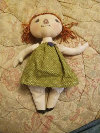 Adorable Handmade Primitive Raggedy Ann Doll White / Green Dress Signed