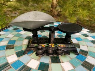 Miniature Hand Painted Cast Iron Balance Scale W/ Weights And Aluminum Pan