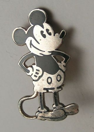 Rare Vintage Walt Disney Mickey Mouse Sterling And Black Enamel Pin 1 - 1/4 " Tall
