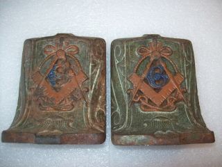 Rare Antique Victorian 5 " Masonic Cold Painted Cast Iron Book Ends