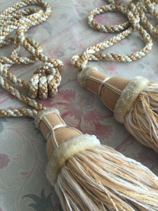 Pair Antique French Silk Curtain Tassel Tie Backs Fringe Pompom Passementery