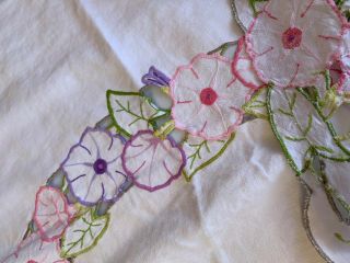 Lovely Large Vintage Floral Hand Embroidered /cutwork Linen Tablecloth 48 X 48 "