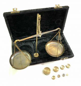 Vintage Antique Brass Jewellery Scale W/velvet Box & Complete Set Weight Balance