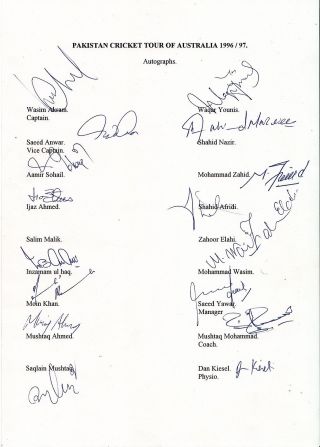 Pakistan Cricket Tour Of Australia 1996 97 Rare Signed Team Sheet