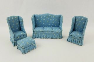 Vtg 4 Ct.  Miniature Dollhouse Fabric Living Room Furniture / Sofa Chairs Ottoman