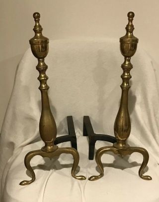 Vintage 18” Brass Fireplace Andirons Firewood Log Holders 2 Footed Pedal