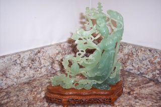 Vintage Chinese Quan Kwan Yin Green Jade Jadeite Carved Figurine/w.  Rabbit
