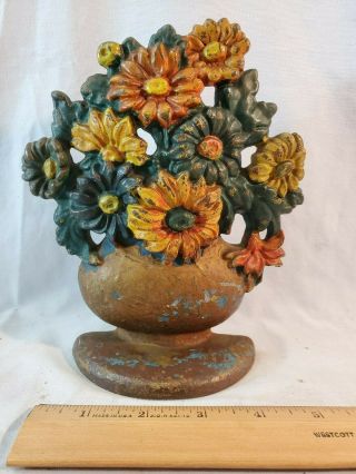 Orig Vintage Antique Cast Iron Doorstop Colorful Flowers In A Vase 64 No Res