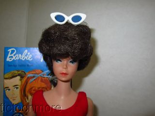 Vintage Barbie Bubblecut Doll Brunette W/ Red Helenca Suit Glasses Stand